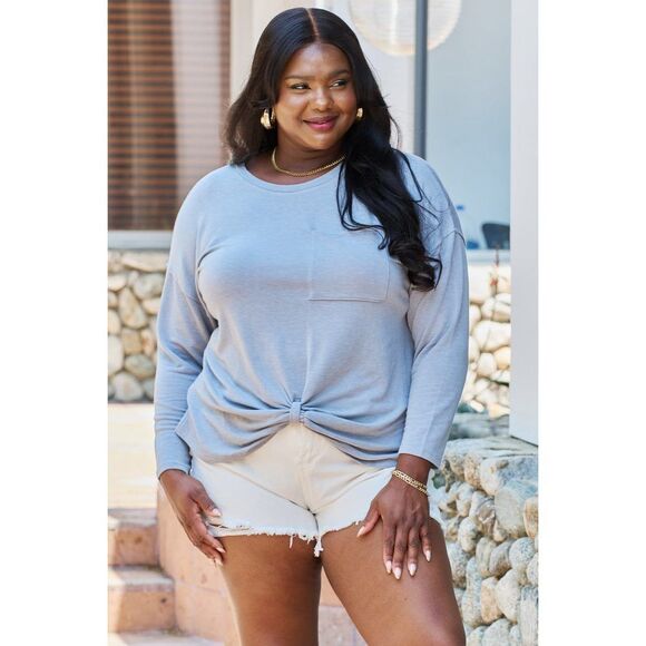 Geegee Warm Me Up Full Size Front Knot Detail Long Sleeve Top - Picture 1 of 12